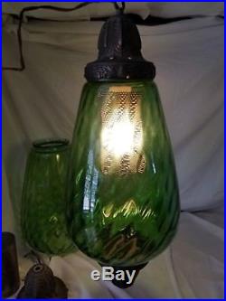 Pair 2 Vintage Green Glass Swag Hanging Lamps Mid Century Teardrop