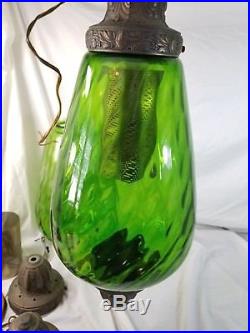 Pair 2 Vintage Green Glass Swag Hanging Lamps Mid Century Teardrop