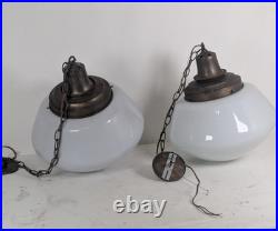 Pair (2) X-Large Vintage Milk Glass Hanging Pendant Light School Library Church