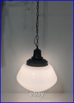 Pair (2) X-Large Vintage Milk Glass Hanging Pendant Light School Library Church
