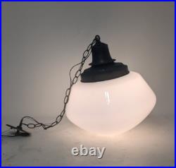 Pair (2) X-Large Vintage Milk Glass Hanging Pendant Light School Library Church