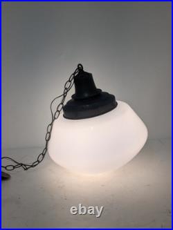 Pair (2) X-Large Vintage Milk Glass Hanging Pendant Light School Library Church