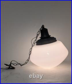 Pair (2) X-Large Vintage Milk Glass Hanging Pendant Light School Library Church