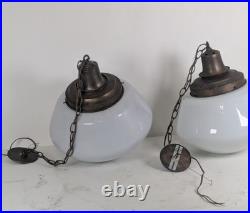 Pair (2) X-Large Vintage Milk Glass Hanging Pendant Light School Library Church