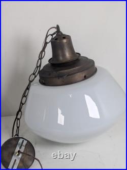 Pair (2) X-Large Vintage Milk Glass Hanging Pendant Light School Library Church