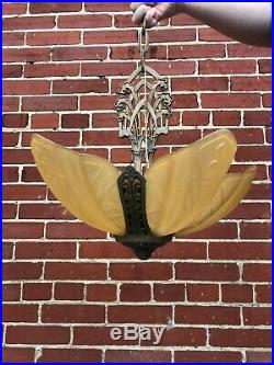 Pair Antique Vintage Art Deco Moe Bridges Slip Shade Chandelier Hanging Lamp