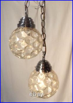 Pair Deco Reverse Bubble Glass Ball Shade Chrome Mid Century Pendant Swag Lamp
