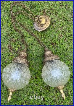 Pair Mid Century Modern Crystal Glass Globe SWAG PENDANT Light Swag Lights