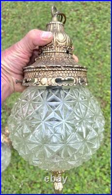 Pair Mid Century Modern Crystal Glass Globe SWAG PENDANT Light Swag Lights