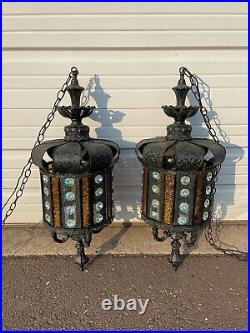 Pair Of Vintage Hanging Swag Pendant Lamps With Crystals Hollywood Regency Boho