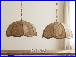 Pair Vintage 70s Wicker Rattan Ceiling Pendant Lights Scalloped MCM With Globes