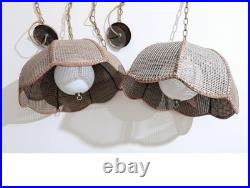 Pair Vintage 70s Wicker Rattan Ceiling Pendant Lights Scalloped MCM With Globes