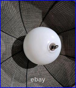 Pair Vintage 70s Wicker Rattan Ceiling Pendant Lights Scalloped MCM With Globes