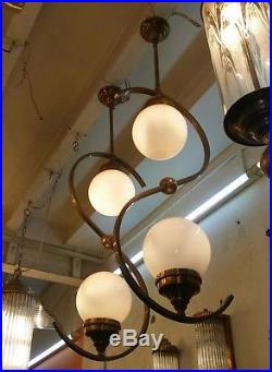 Pair Vintage Art Deco Bauhaus Fixture Ceiling Brass Hanging Light Milk Glass