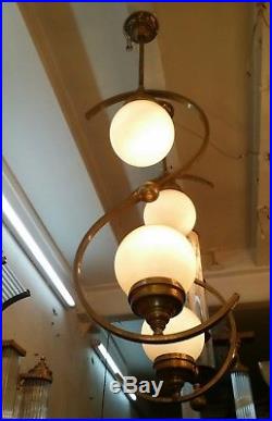 Pair Vintage Art Deco Bauhaus Fixture Ceiling Brass Hanging Light Milk Glass