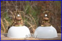 Pair Vintage Brass & Wood Frosted Glass Hanging Lights, Wired, Tested & Working