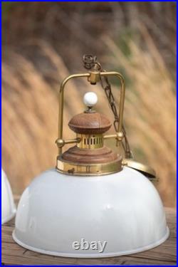 Pair Vintage Brass & Wood Frosted Glass Hanging Lights, Wired, Tested & Working