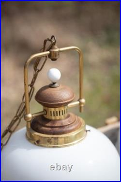 Pair Vintage Brass & Wood Frosted Glass Hanging Lights, Wired, Tested & Working