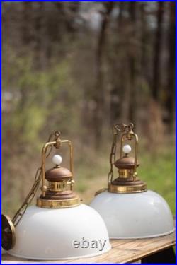 Pair Vintage Brass & Wood Frosted Glass Hanging Lights, Wired, Tested & Working