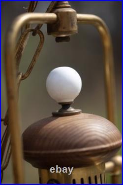 Pair Vintage Brass & Wood Frosted Glass Hanging Lights, Wired, Tested & Working