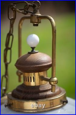 Pair Vintage Brass & Wood Frosted Glass Hanging Lights, Wired, Tested & Working