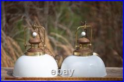 Pair Vintage Brass & Wood Frosted Glass Hanging Lights, Wired, Tested & Working