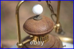 Pair Vintage Brass & Wood Frosted Glass Hanging Lights, Wired, Tested & Working
