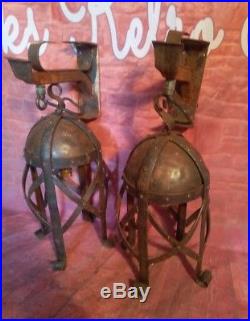 Pair Vintage Gothic Caged Hanging Wall Light Medieval Wrought Iron Lamp Castle