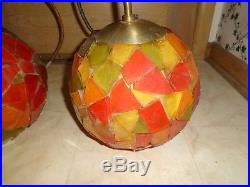 Pair Vintage MID Century Modern Orange Lucite Chunky Swag Hanging Light Lamp
