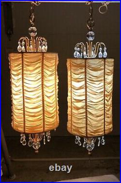 Pair Vintage Swag Ceiling Lamp Hang Light Chandelier With Prisms Pendant