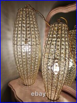 Pair Vintage Swag Lamp Light Chandelier Mid Century Modern Style Faux Crystal