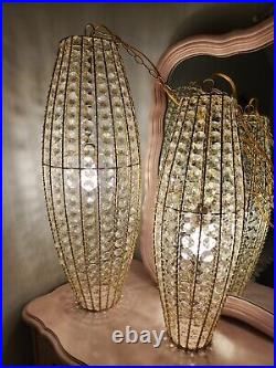 Pair Vintage Swag Lamp Light Chandelier Mid Century Modern Style Faux Crystal