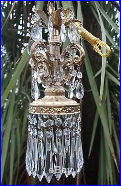 Pair Vintage hanging SWAG plugin Spelter brass pllt Lamp Crystal Chandelier