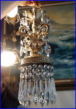 Pair Vintage hanging SWAG plugin Spelter brass pllt Lamp Crystal Chandelier