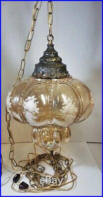 Pair Vtg Hanging Lamps Smoky Glass Globe with Roses Swag Light Rewired