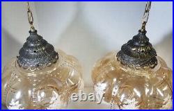 Pair Vtg Hanging Lamps Smoky Glass Globe with Roses Swag Light Rewired