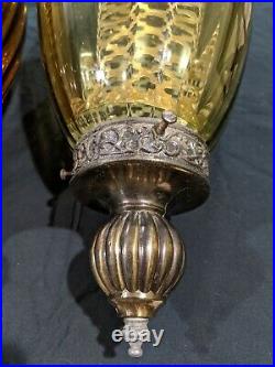 Pair Vtg Mid Century Retro Hanging Swag Light/Lamp Amber and Green Glass Design