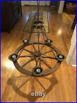 Pair of Antique 5 Light Wagon Wheel Hanging Chandelier Celing Lamp Light Vintage