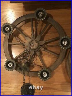 Pair of Antique 5 Light Wagon Wheel Hanging Chandelier Celing Lamp Light Vintage