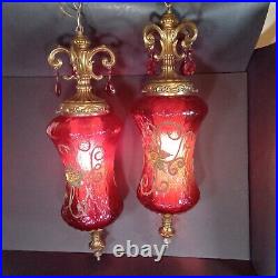 Pair of VTG Hollywood Regency Hanging Swag Pendant Lamp Red Glass & Gold Gilding