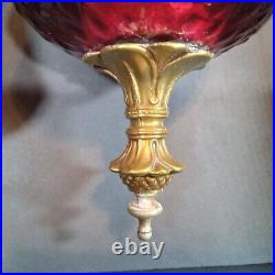 Pair of VTG Hollywood Regency Hanging Swag Pendant Lamp Red Glass & Gold Gilding