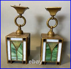 Pair of Vintage Mission Arts & Crafts Style Leaded Glass Hanging Lamps Lights