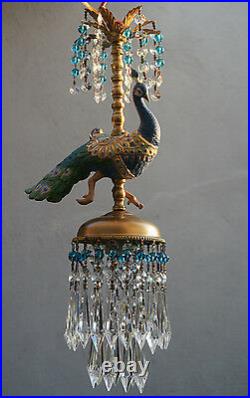Peacock Bird jeweled porcelain Carousel Lamp SWAG plug Chandelier Vintage beads