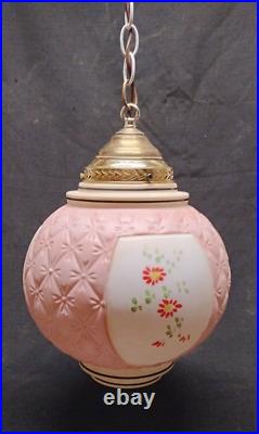 Pink Quilted Floral Hanging Swag Lamp Light early 1900's