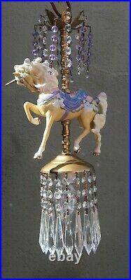Porcelain Carousel Unicorn Lamp SWAG Chandelier Vintage Horse Beads Crystal Rose