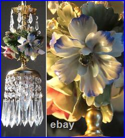 Porcelain Chandelier SWAG lamp Capodimonte Roses Poppy Brass Vintage crystal pr