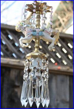 Porcelain Horse Carousel Lamp SWAG Chandelier Vintage Crystal Pink roses ribbons