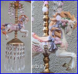 Porcelain Horse Carousel Lamp SWAG Chandelier Vintage Crystal purple roses