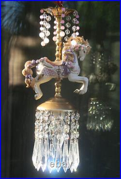 Porcelain Horse Carousel Lamp SWAG Chandelier Vintage Crystal purple roses