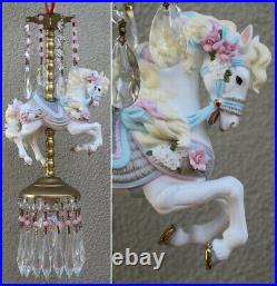 Porcelain Pony Horse Carousel Lamp swag Chandelier Vintage Crystal Pink Rose